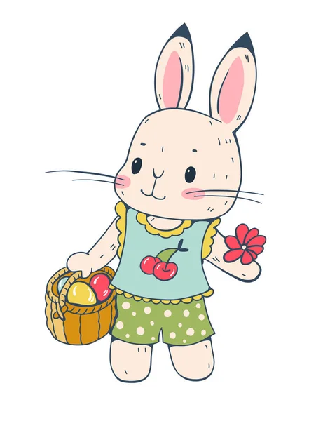 Conejo de Pascua con cesta y flor . — Vector de stock