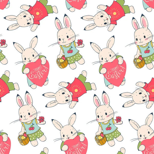 Seamless pattern with funny cartoon Bunnies — Stock Vector