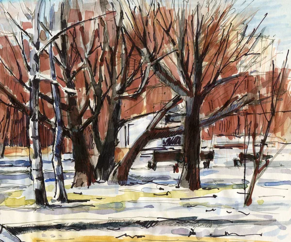 Paesaggio Invernale Con Alberi Nel Parco Cittadino Inchiostro Pennarelli Illustrazione — Foto Stock