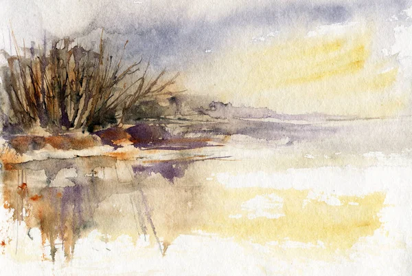 Paysage Hivernal Rivière Dessin Aquarelle Illustration Dessinée Main — Photo