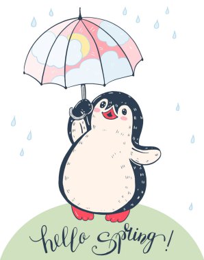 Bahar illüstrasyon. Komik karikatür penguen şemsiye ile. Vektör.