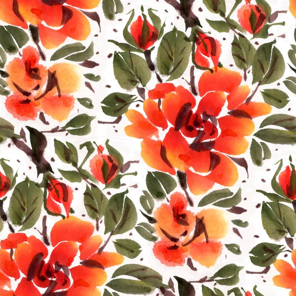 Problemfri Mønster Med Orange Akvarel Blomster Håndtegnet Illustration - Stock-foto