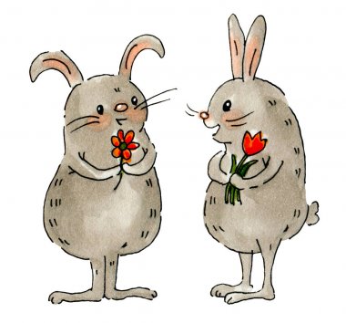Watercolor drawing of a cute Bunnies with flowers   isolated on a white background. Hand-drawn illustration.  clipart
