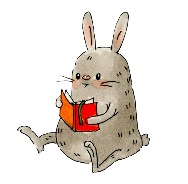 Watercolor drawing of a cute Bunny with a book  isolated on a white background. Hand-drawn illustration.