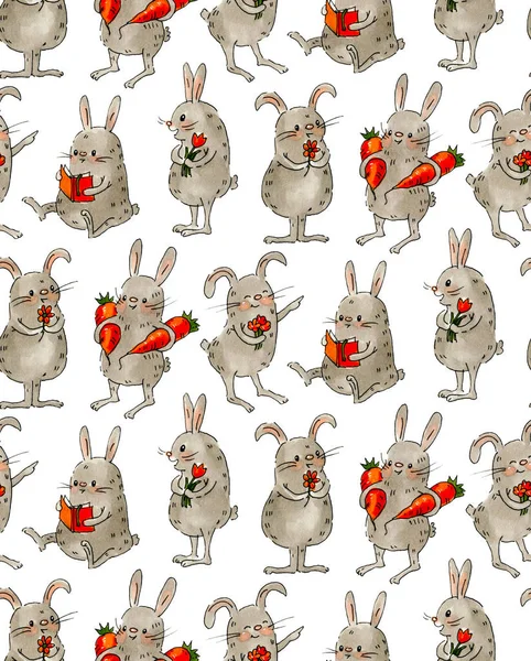 Seamless Pattern Funny Cartoon Bunnies Drawing Watercolor Ink Hand Drawn — Stock Photo, Image