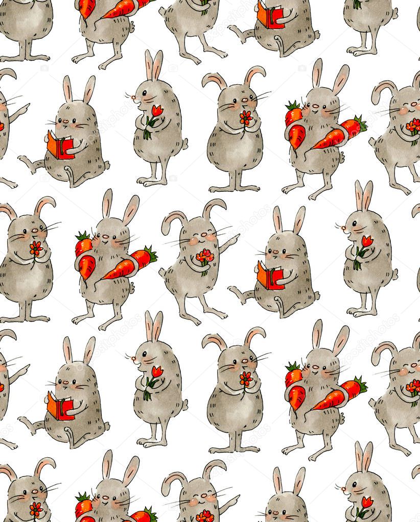 Seamless pattern with funny cartoon Bunnies. Drawing watercolor and ink.  Hand-drawn illustration.
