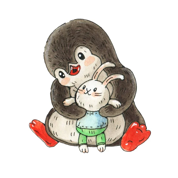 おもちゃのウサギで面白い漫画ペンギンのイラスト 白い背景で隔離のマーカーを使用した描画 — ストック写真