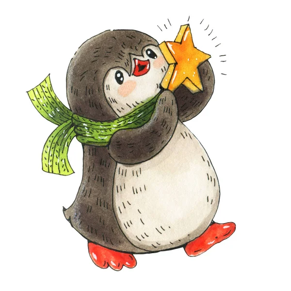 冬季插图与滑稽卡通企鹅与明星 使用在白色背景上隔离的标记绘制 — 图库照片