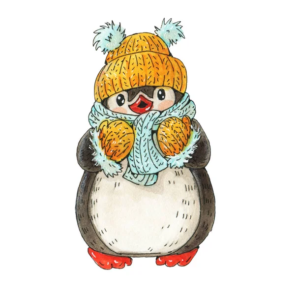 Winter illustration with funny cartoon penguin.  Drawing with markers isolated on a white background.