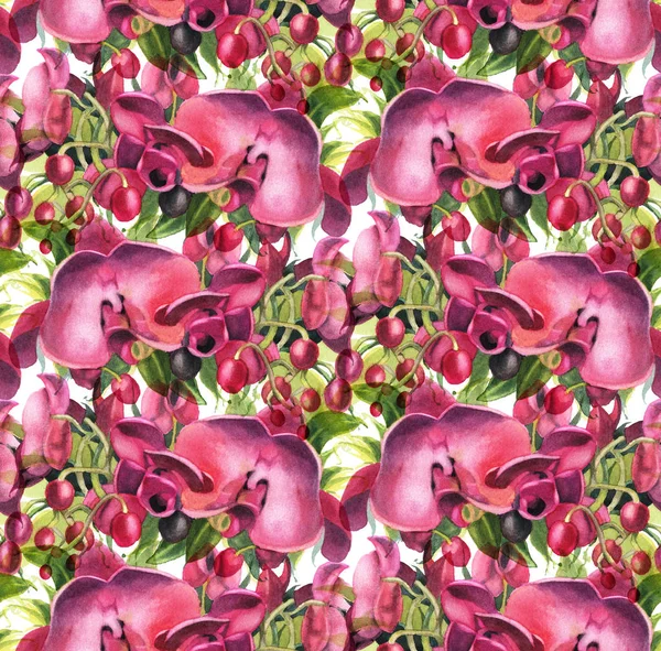 Patrón Sin Costuras Con Flores Acuarela Orquídeas Rojas Oscuras Ilustración —  Fotos de Stock
