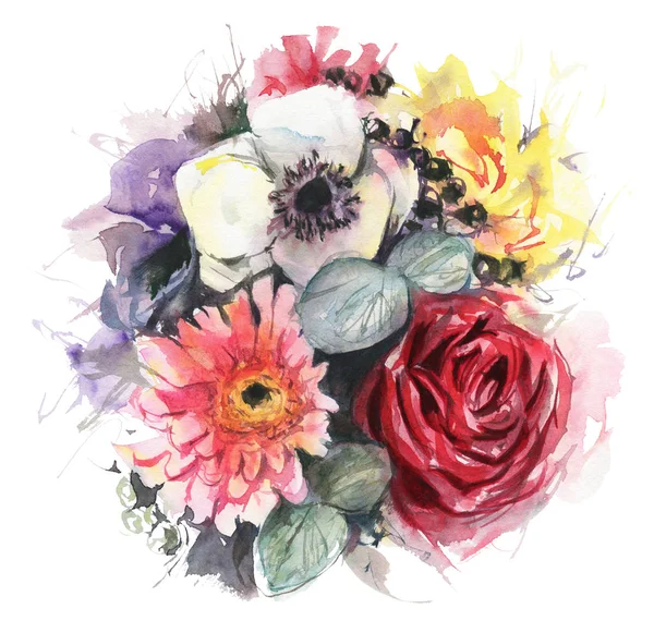 Flores Aquarelas Isoladas Fundo Branco Ilustração Desenhada Mão — Fotografia de Stock