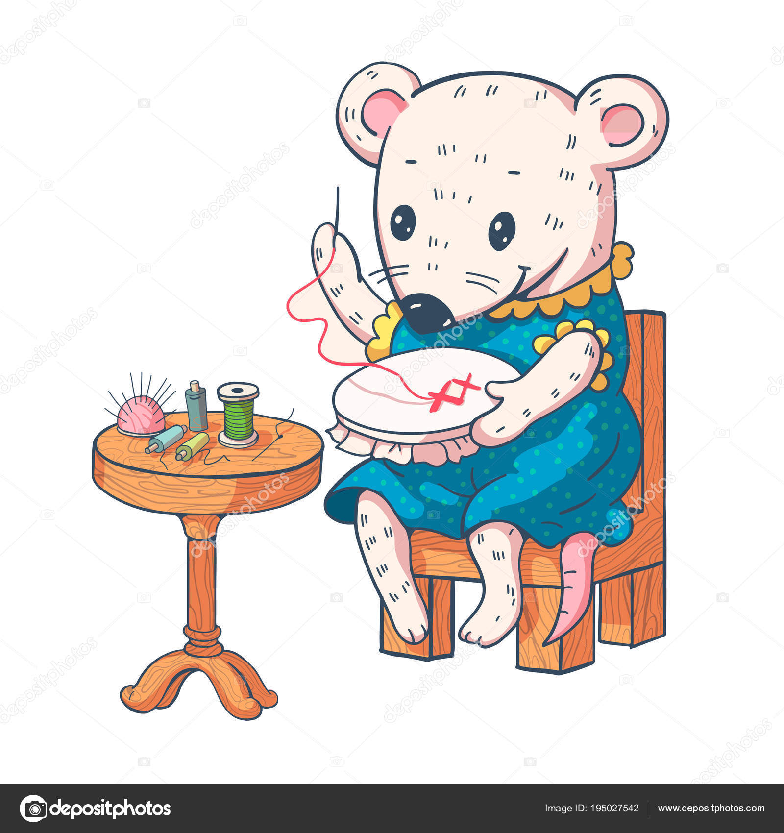 刺繍入りネズミのような変な漫画のイラスト 手描きのイラスト