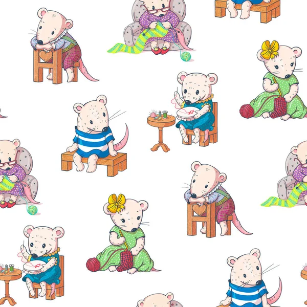 シームレス パターン 編み物と刺繍の面白い漫画のマウス 手描きのイラスト ベクトル — ストックベクタ