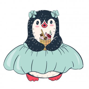 Komik karikatür penguen ile pasta. Vektör çizim. 