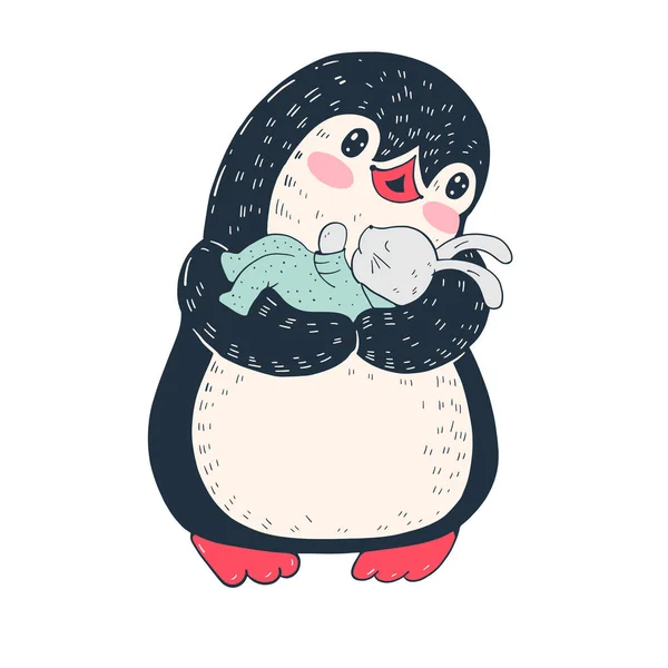 Ilustrasi Dengan Kartun Penguin Lucu Dengan Kelinci Mainan Ilustrasi Vektor - Stok Vektor