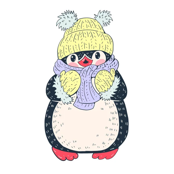 Zimowe Ilustracja Pingwinem Śmieszne Kreskówki Ilustracja Wektorowa — Wektor stockowy