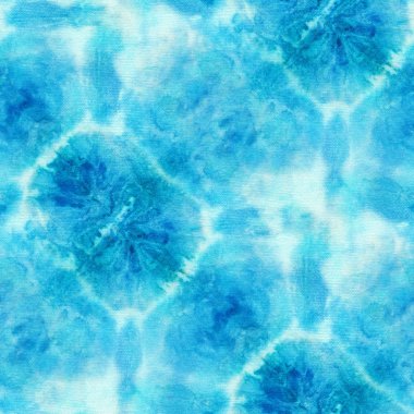 Beyaz ipek üzerinde, kusursuz mavi renkli kravat deseni. El boyası kumaşlar - nodüler batik. Shibori boyaması.. 