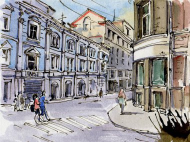 Şehir manzarası. Mürekkep ve suluboya. El çizimi illüstrasyon.
