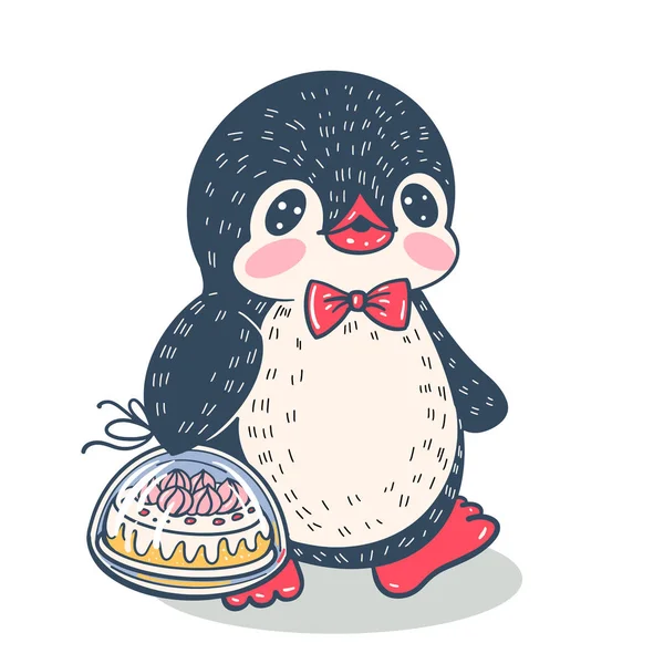 Winter Illustration Funny Cartoon Penguin Cake Vector — Stockvector