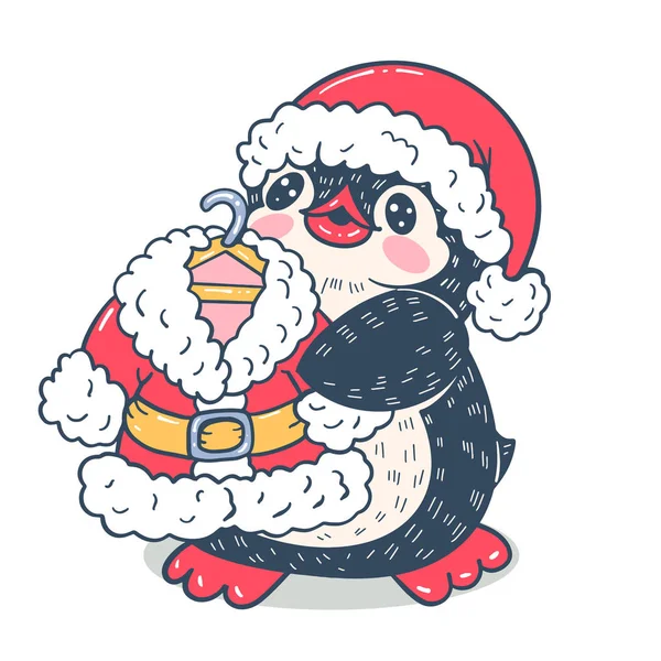 Winterillustration Mit Lustigen Cartoon Pinguin Weihnachtsmann Vektor — Stockvektor