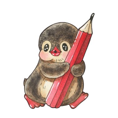 Kış illüstrasyonu. Beyaz arka planda izole edilmiş kalemli komik penguen çizgi filmi. Suluboya ve mürekkeple çizim. 