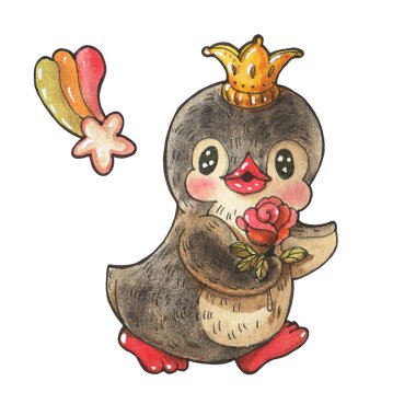 Kış illüstrasyonu. Beyaz arka planda izole edilmiş, tacın içindeki komik penguen çizgi filmi. Suluboya ve mürekkeple çizim. 