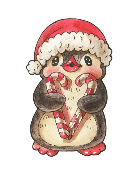 Winterillustration Lustiger Cartoon Pinguin Mit Bonbons Auf Weißem Hintergrund Zeichnung — Stockfoto