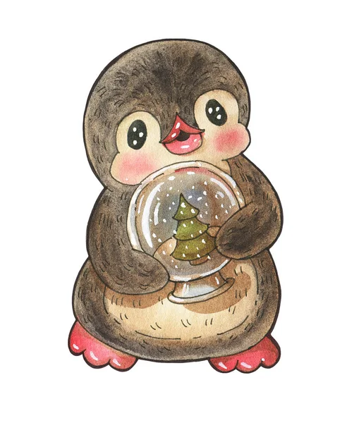 Zimní Ilustrace Vtipný Kreslený Tučňák Vánoční Sněhovou Koulí Izolovaný Bílém — Stock fotografie