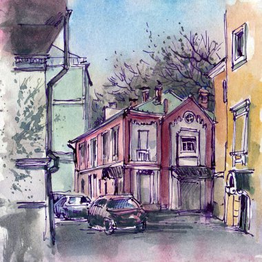 Şehir manzarası. Mürekkep ve suluboya. El çizimi illüstrasyon.