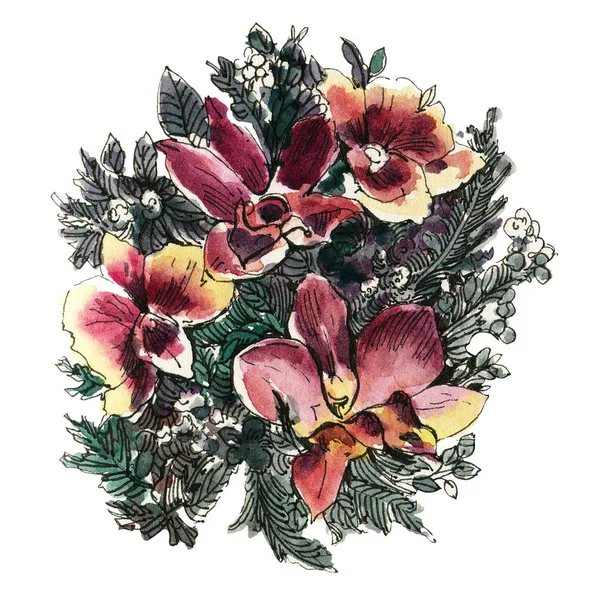 Orchideje Akvarelové Květiny Izolované Bílém Pozadí Ručně Kreslená Ilustrace — Stock fotografie