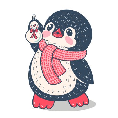 Kardan adamla komik penguenli kış çizimi. Vektör.