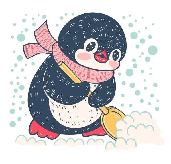 Winter Illustratie Met Grappige Cartoon Pinguïn Verwijdert Sneeuwschop Vector — Stockvector