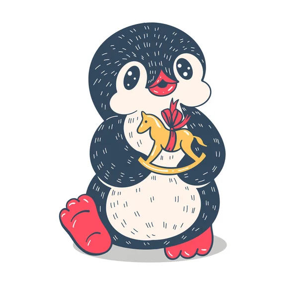Winterillustration Mit Lustigem Cartoon Pinguin Mit Einem Spielzeugpferd Vektor — Stockvektor