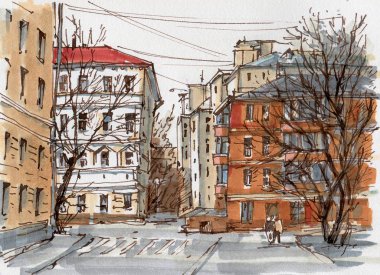 Şehir manzarası. Mürekkep ve suluboya. El çizimi illüstrasyon.