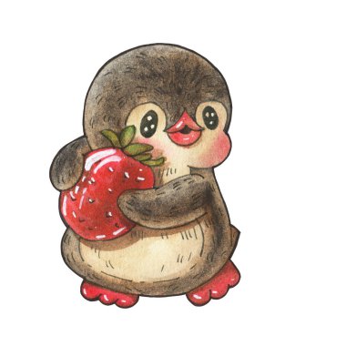 Kış illüstrasyonu. Beyaz arka planda izole edilmiş çilekli komik penguen çizgi filmi. Suluboya ve mürekkeple çizim. 