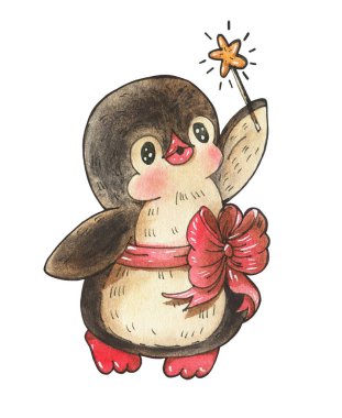 Kış illüstrasyonu. Beyaz arka planda izole edilmiş sihirli değneği olan komik bir penguen çizgi filmi. Suluboya ve mürekkeple çizim. 