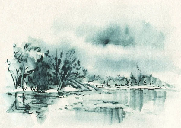 Paysage Hivernal Avec Rivière Dessin Aquarelle Illustration Dessinée Main — Photo