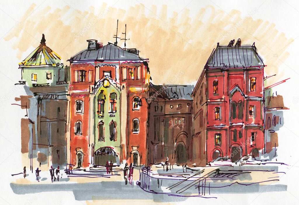 Urban sketch.  Street in the city centre. Drawing markers.