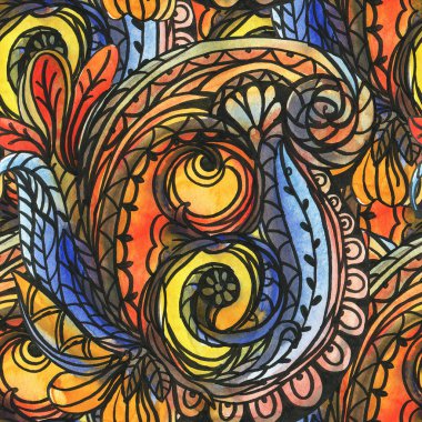 Çok renkli Paisley desenli kusursuz desen. Suluboya çizimi.