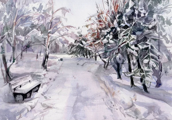 Winter landscape. A sketch with watercolor.   Hand-drawn illustration.