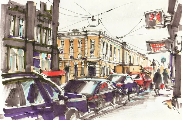 Városi Vázlat Utca Belvárosban Rajzolójelek Kézzel Rajzolt Illusztráció — Stock Fotó