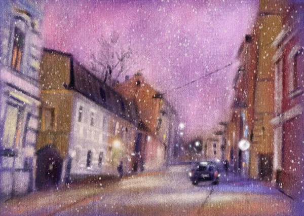 Paysage Urbain Bonne Nuit Dessin Avec Pastels Illustration Dessinée Main — Photo