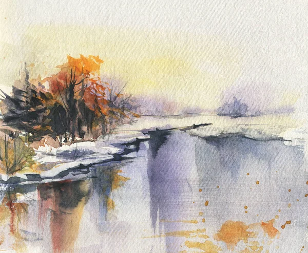 Vinterlandskap Floden Ritning Akvarell Handritade Illustration — Stockfoto