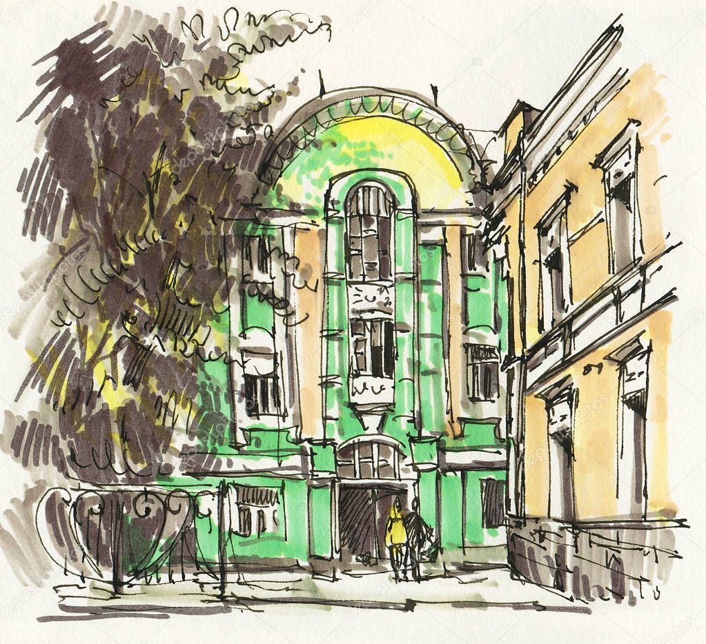 Urban sketch.  Street in the city centre. Drawing markers. Hand-drawn illustration. 