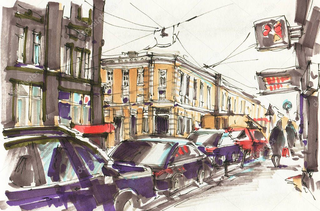 Urban sketch.  Street in the city centre. Drawing markers. Hand-drawn illustration. 