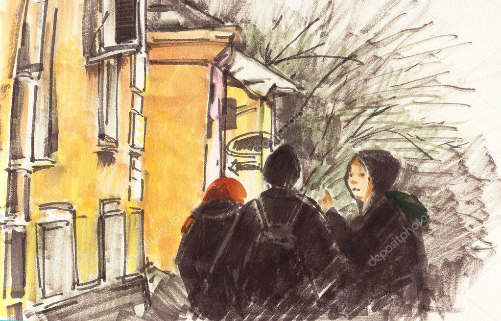 Urban sketch.  Street in the city centre. Drawing markers. Hand-drawn illustration. 