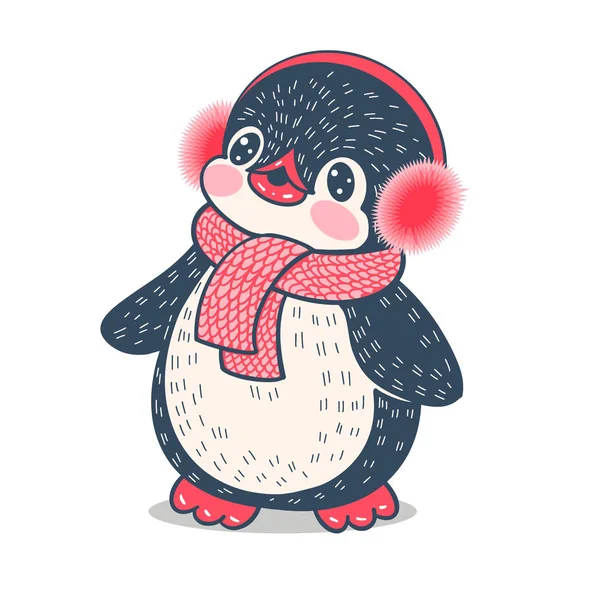 Illustration Hivernale Avec Drôle Pingouin Dessin Animé Dans Les Écouteurs — Image vectorielle