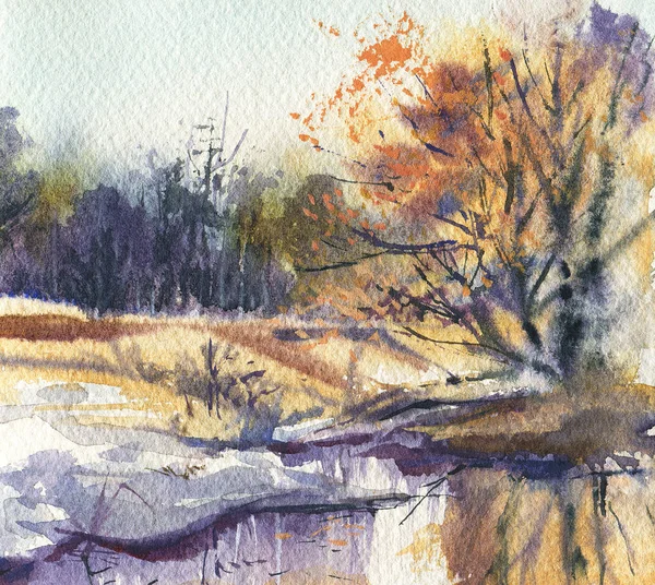 Paysage Hivernal Croquis Avec Aquarelle Illustration Dessinée Main — Photo