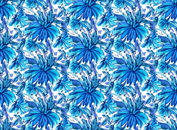Seamless pattern with blue  watercolor flowers. Hand-drawn illustration. 