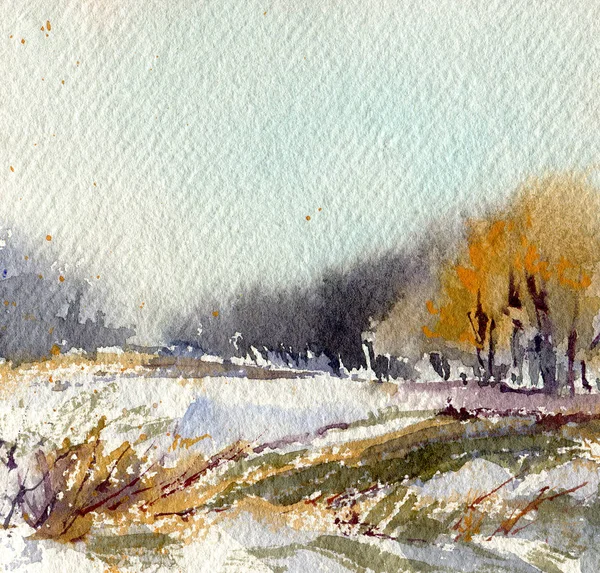 Winter landscape. A sketch with watercolor.   Hand-drawn illustration.